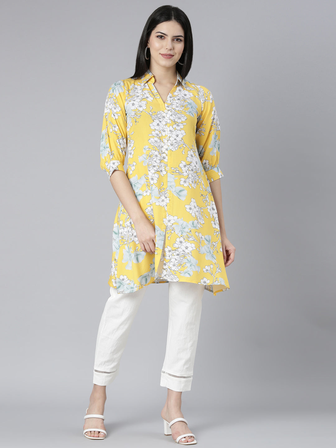 Neeru's Women Beige Blue Printed Tie-Up Sleeve A-Line Kurta – neerus-india